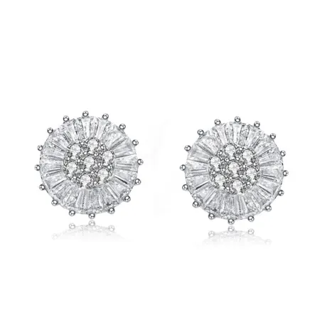 Genevive Sterling Silver White Gold Plated with Colored Round and Baguette Cubic Zirconia Stud Earrings