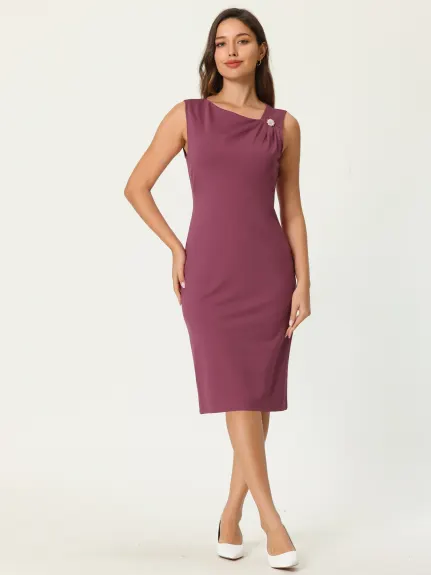 Hobemty- Sleeveless Asymmetrical Ruched Neck Sheath Dress