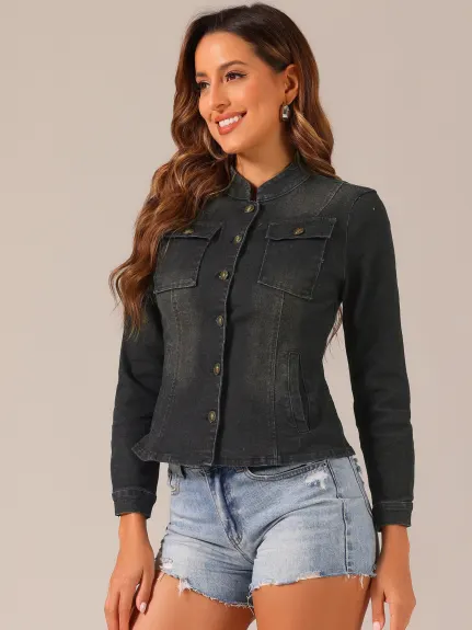 Allegra K- veste Jean Denim col debout pour femme