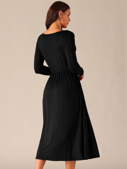 Allegra K - Crewneck Long Sleeve Midi Swing Dress