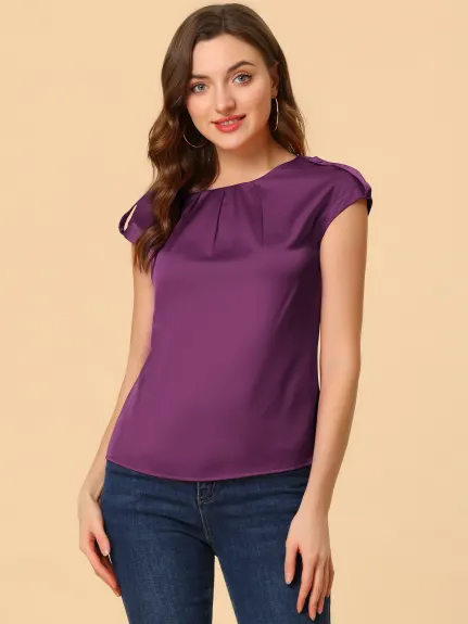 Allegra K- Cap Sleeve Silky Blouse Pleated Top