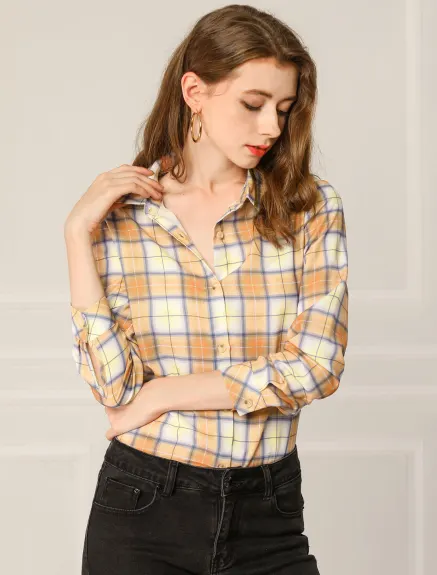 Allegra K- Plaid Long Sleeves Button Up Shirt