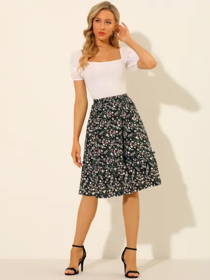 Allegra K- Ruffle Hem Tiered A-Line Floral Midi Skirt