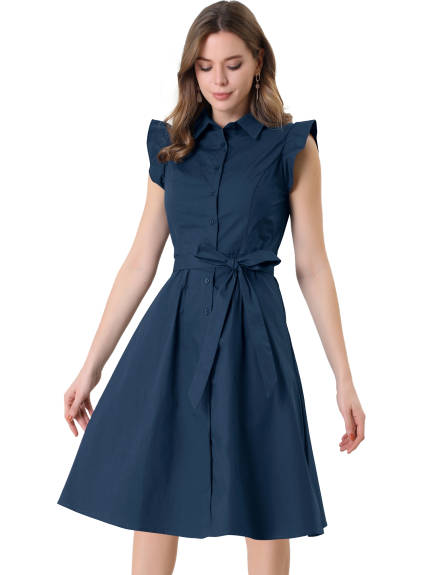 Allegra K- Cotton Shirtdress Ruffled Sleeve Tie Waist Button Dress