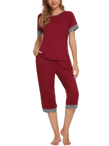 cheibear - Summer Round Neck Pajama Set with Capri Pants