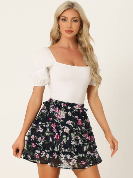 Allegra K- Layered Ruffle Elastic Waist Floral Mini Skirt