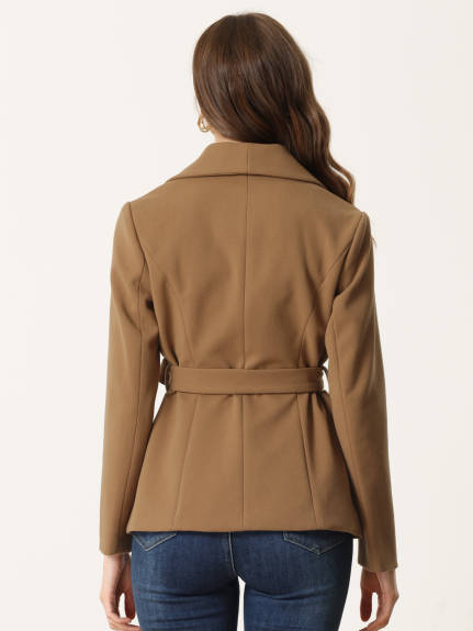 Allegra K - Lapel Collar Belted Short Pea Coat