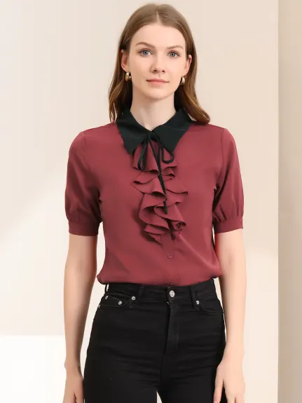 Allegra K- Contrast Collar Tie Ruffle Front Short Sleeve Shirt