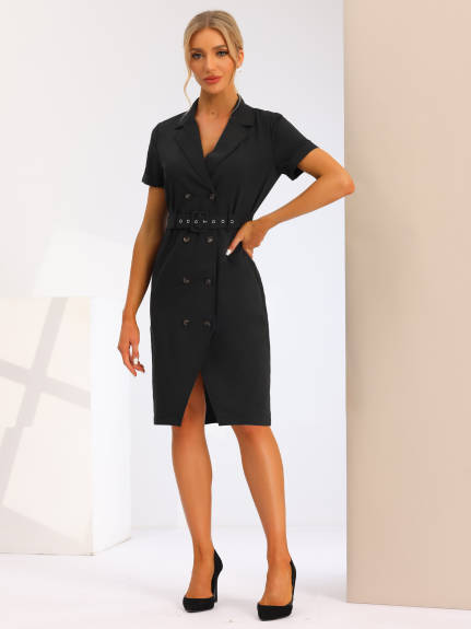 Allegra K- Short Sleeve Double Breasted Belted Blazer Dress