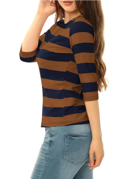 Allegra K- Boat Neck Elbow Sleeve Slim Fit Stripe T-Shirt