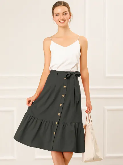 Allegra K- Button Decor Tie Waist Ruffled Midi Skirt