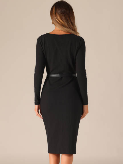 Allegra K - Square Neck Belt Bodycon Long Sleeve Dress