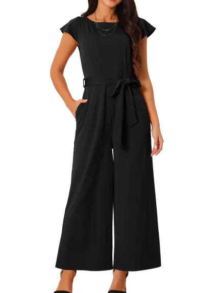 Allegra K - Cap Sleeve Belted High Waist Casual Jumpsuit