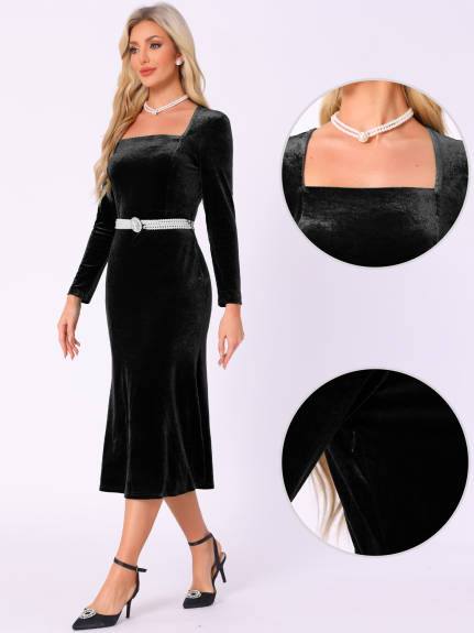 Allegra K - Square Neck Bodycon Elegant Velvet Dress