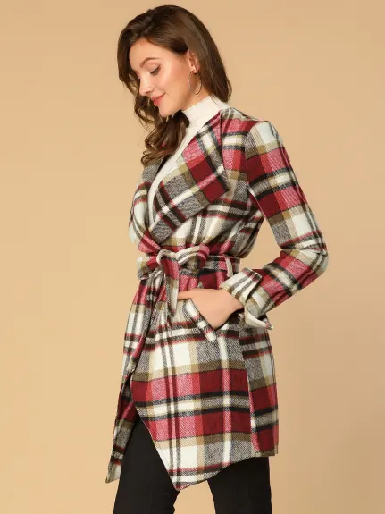 Allegra K- Shawl Collar Belted Asymmetrical Hem Plaid Coat