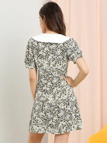 Allegra K- Floral Bow Tie Short Sleeve Shirt Dress