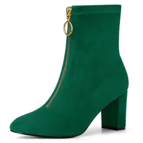 Allegra K - Faux Suede Square Toe Block Heel Ankle Boot