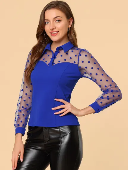 Allegra K- Mesh Panel Dots Long Sleeve Half Placket Shirt