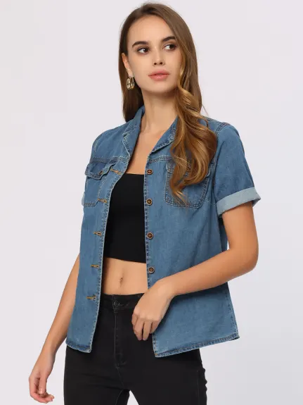 Allegra K- chemise en Jean col cranté boutonné