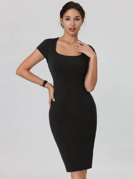 Hobemty- Square Neck Cap Sleeve Pencil Dress