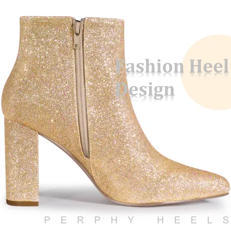 Allegra K - Pointed Toe Heeled Glitter Sparkly Ankle Boots