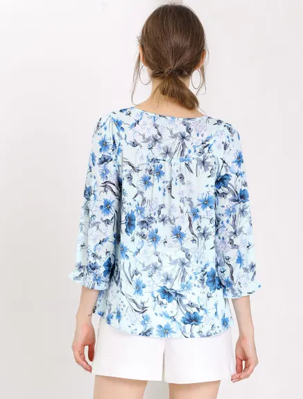 Allegra K- Tie Blouse florale à manches 3/4 et col en V