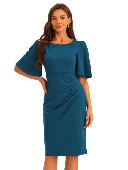 Allegra K- Sheath Round Neck Ruched Pencil Dress