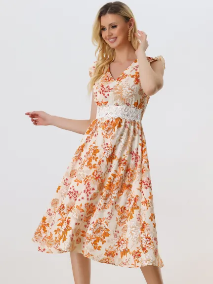 Allegra K- V Neck Lace Insert Waist Midi Floral Sundress