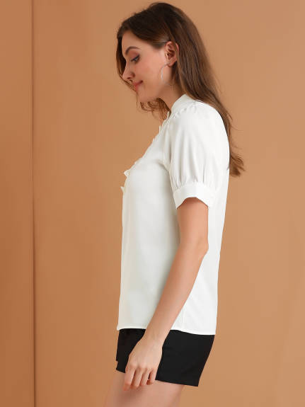 Allegra K - Puff Sleeve Chiffon Half Placket Top