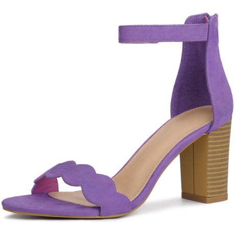 Allegra K- Scalloped Strap Chunky Heels Ankle Sandals