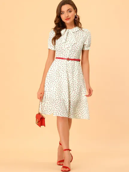 Allegra K- Peter Pan Collar Tie Neck Belted Floral Dress