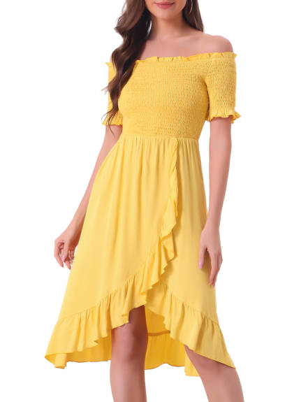 Allegra K - Off Shoulder Ruffle Hem Smocked Dress