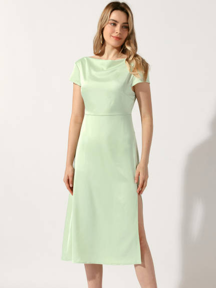 Allegra K - Satin Cowl Neck Cap Sleeve Midi Dress