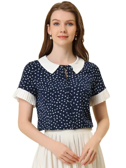 Allegra K- Contrast Doll Collar Polka Dots Blouse