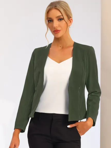 Allegra K- Open Front Zipper Collarless Cropped Blazer