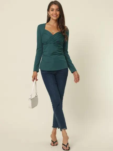 Allegra K- Wrap Sweetheart Long Sleeve Blouse