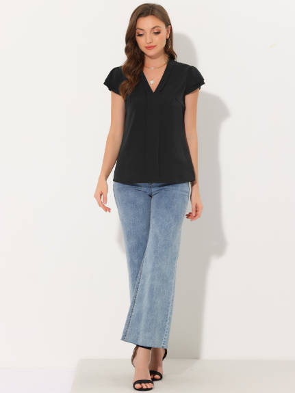 Allegra K - Summer V-Neck Solid Chiffon Blouse