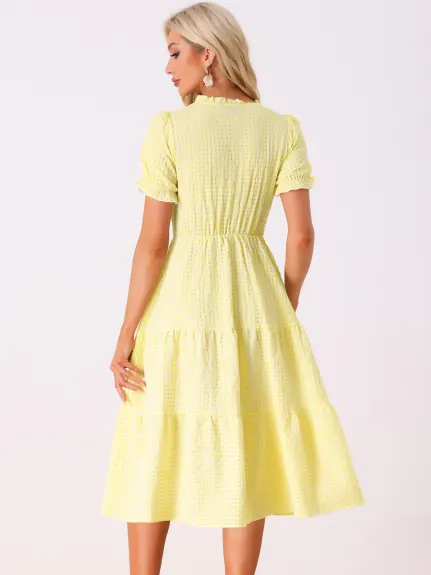 Allegra K- Gingham Ruffle Trim V Neck Button Dress