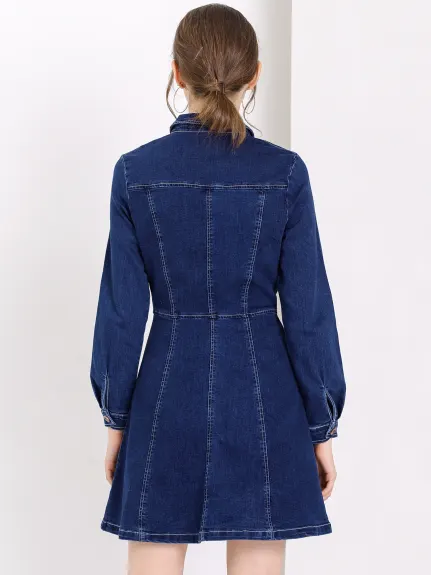 Allegra K- V-Neck Roll Up Sleeve Denim Shirt Dress