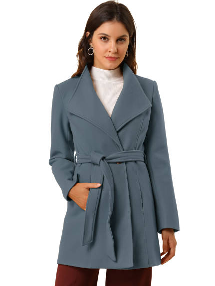 Allegra K- Classic Stand Collar Belted Long Coat