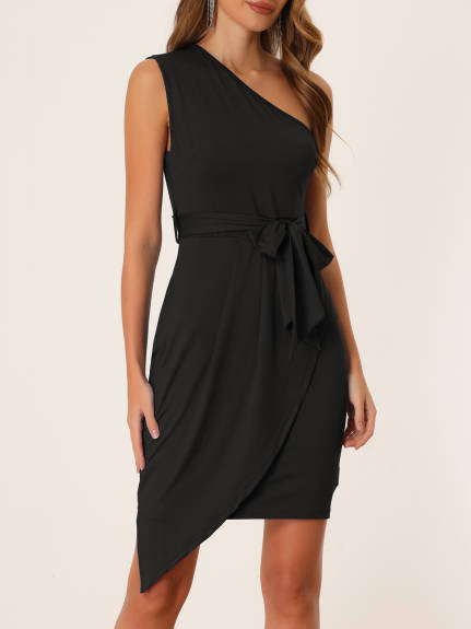 Allegra K- One Shoulder Wrap Hem Self Belted Dress