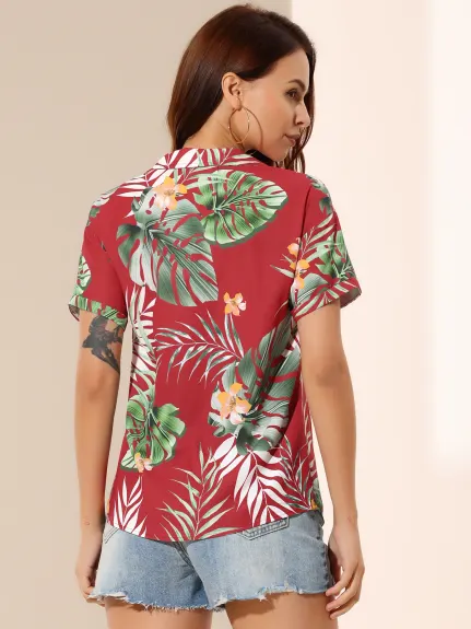 Allegra K- Beach Tropical Floral Leaves Button Down Shirt