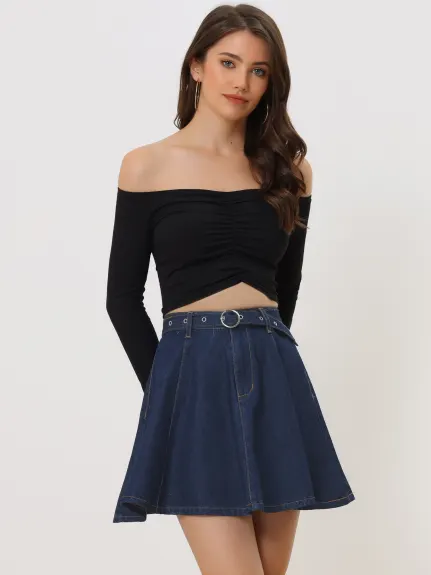 Allegra K- Belted A-Line Mini Denim Skirt