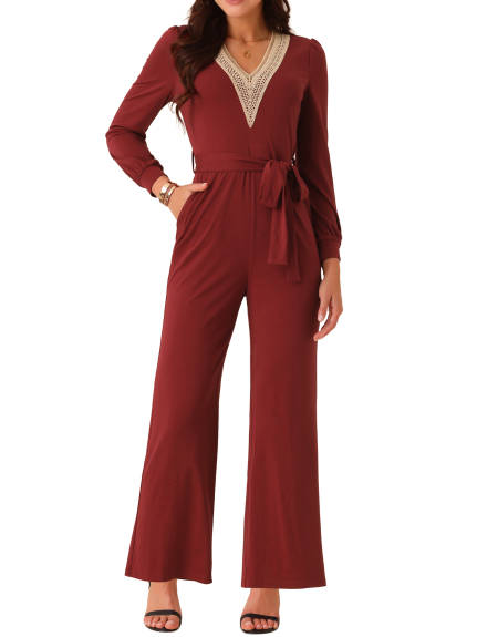 Allegra K - Long Sleeve V Neck Belted Jumpsuit