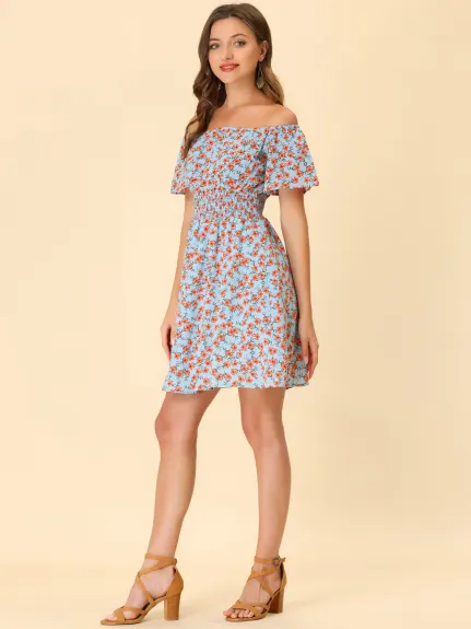 Allegra K- Ditsy Floral Off Shoulder A-Line Smocked Dress