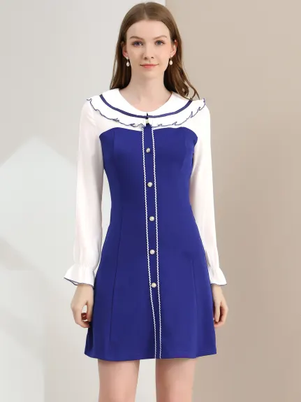 Allegra K- Doll Collar Color Block Long Sleeve Chiffon Dress