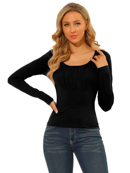 Allegra K - Scoop Neck Long Sleeves Ruched Fitted Top