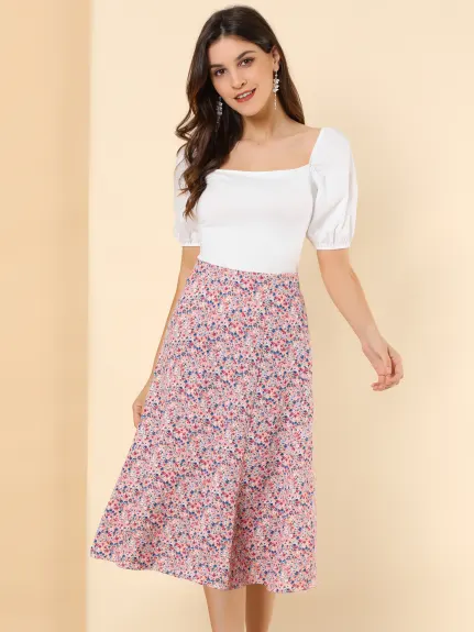 Allegra K- Elastic Waist A-Line Midi Leave Print Skirt