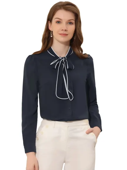 Allegra K- Long Sleeve Bow Tie Shirt
