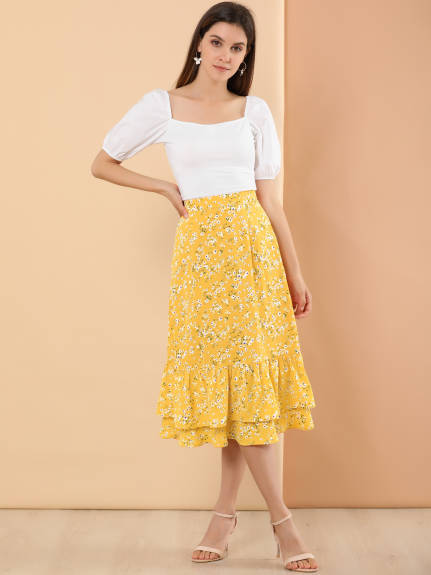 Allegra K- Printed Chiffon Ruffle Tiered Zipper Midi Skirt